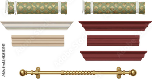 Vector Collection of Interior Window Treatments and Home Decor Elements Featuring Curtain Rods, Cornices, Drapery Trim, and Decorative Molding for Architectural Design