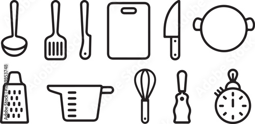 Kitchen Utensils Line Art Set for Cooking and Baking on White Background