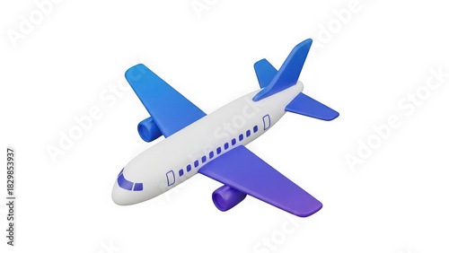 3d stylized passenger airplane isolated with gradient blue purple wings, modern flight transportation concept icon isolated on transparent background