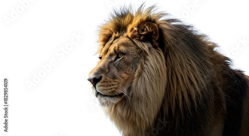 Powerful Profile Portrait of an Adult Lion Against a Clean White Backdrop