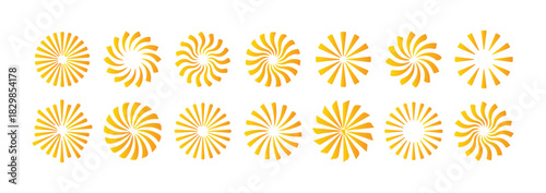 Collection of orange sunburst and spiral swirl elements with radial rays, diverse starburst shapes