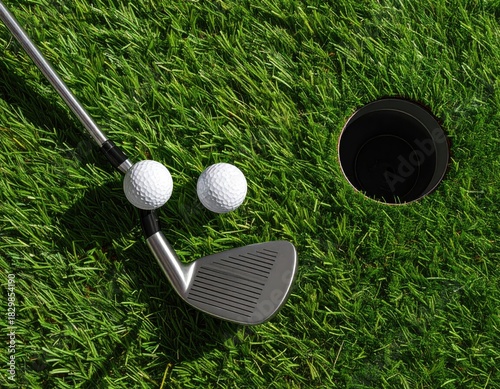 Golf club & balls on grass face a hole, top-down view