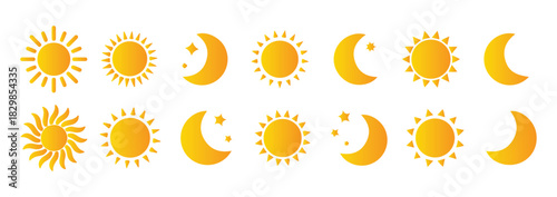 Sun and moon with stars vector illustration set. day and night icons. modern style weather symbols design