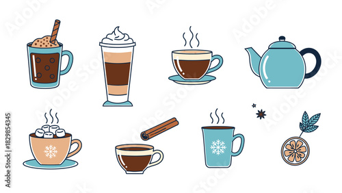 Collection of Cozy Hot Beverages and Teaware for Winter Comfort and Warmth Themes