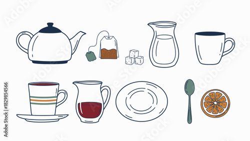 Minimalist Line Art of Tea and Coffee Set with Sugar, Mug, Plate, and Sliced Orange for Food and Beverage Illustrations