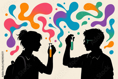 Two silhouetted students examine colorful liquids in test tubes, surrounded by vibrant abstract shapes evoking scientific creativity.