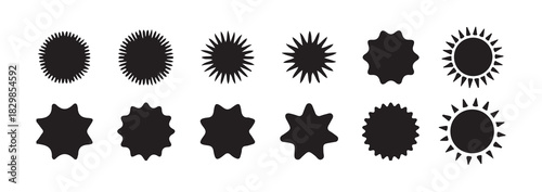 Collection of various black sun and starburst shapes vector illustration. abstract geometric elements