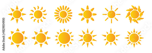 Set of sun icons, orange and yellow gradient sun icon collection, various shapes of sun, cartoon and flat style sun symbol