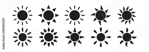 Set of sun icons, black color sun icon collection, various shapes of sun, different rays, simple design sun symbol for app