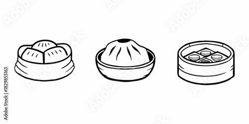 Vector illustrations depicting classic Asian steamed buns and dumplings, showcasing different types of dim sum in traditional serving ware, perfect for culinary and restaurant themes