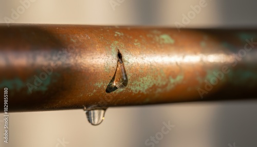 Copper pipe with a pinhole leak dripping clear water, close up showing corrosion and oxidation, highlighting plumbing failure, water damage risk and need for repair