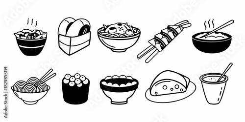 Asian Cuisine Collection A Variety of Delicious Dishes in Outlined Style