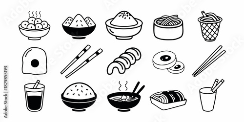 A set of hand-drawn vector icons representing various Asian food items, including rice, noodles, sushi, and soup in a minimalist line art style