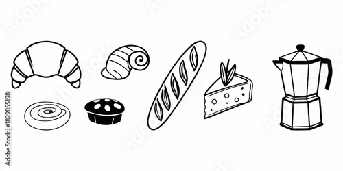 Hand-drawn doodle set of classic French breakfast items including croissant, baguette, pastry, and coffee maker