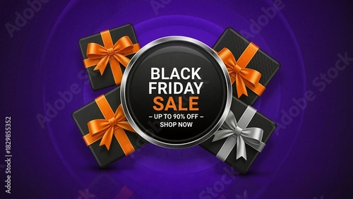 Christmas banner for Black Friday sale with up to 90% off on bright purple background with gift boxes