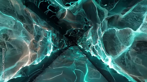 Abstract dark waves and shapes glow with teal neon light, dynamic high-energy background, mysterious digital force concept