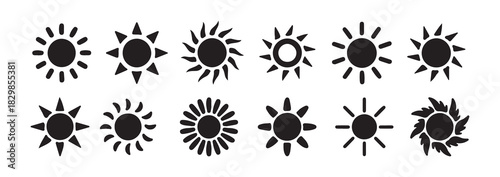 Set of sun icons, collection of various sun shapes, simple weather symbols, summer and heat solar signs