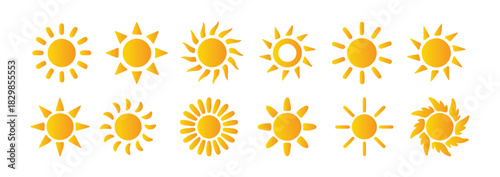 Set of sun icons, collection of various sun shapes, simple weather symbols, summer and heat solar signs