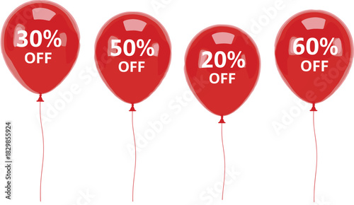 Set of Four Glossy Red Sale Balloons with Different Discount Percentages (30%, 50%, 20%, 60% OFF) for Marketing Promotion and Advertising Vector Illustration.