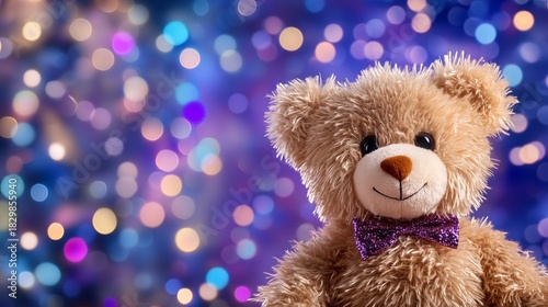 Teddy bear sits wearing a glittery purple bow tie against a blurred backdrop of colorful bokeh lights.