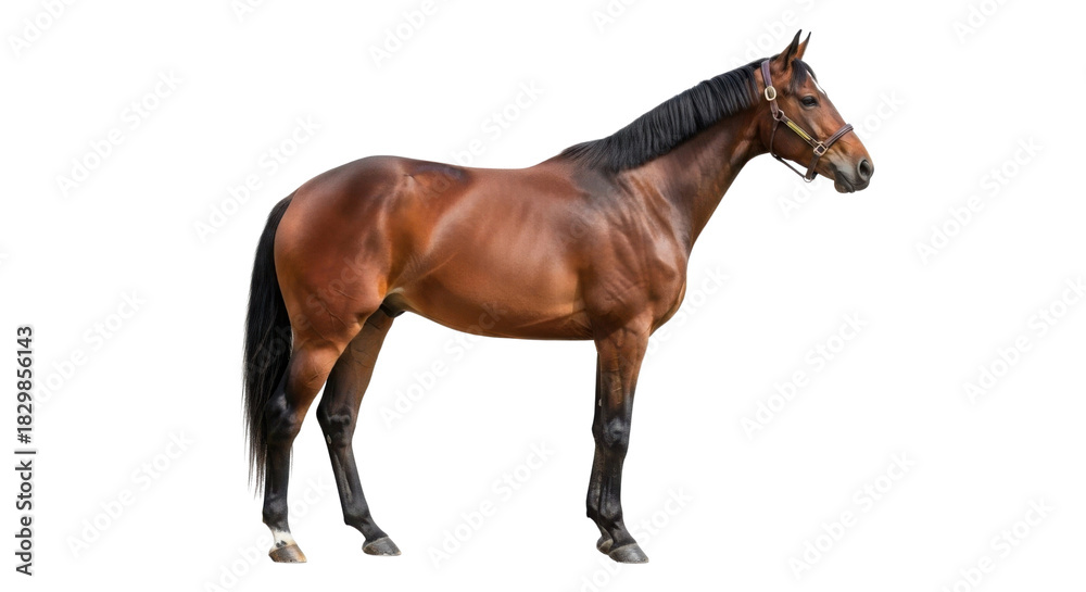Obraz premium Side view of a standing brown horse isolated PNG with Transparent Background