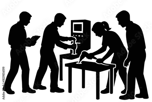 Four silhouetted figures perform tasks from machining to installation, illustrating a modern production process.