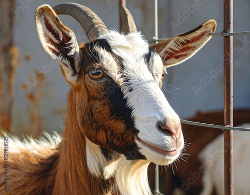 Close-up portrait of a curious goat with distinctive markings in a farm setting