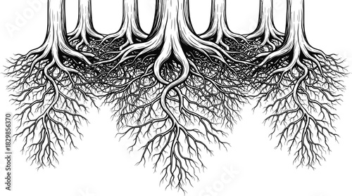 Detailed interconnected tree roots illustration showing complex underground network, nature growth symmetry, forest ecosystem concept, intricate botanical vector artwork for environmental themes