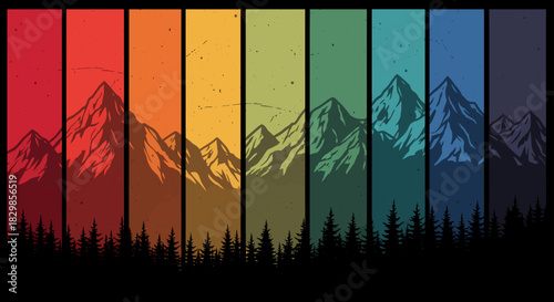 Vintage mountain range with a colorful striped background and a forest silhouette