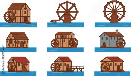 Set of Traditional Water Mills and Water Wheels Vector Illustration Featuring Historical Buildings and Rural Power Generation Architecture