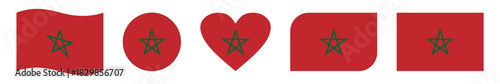 Set of Moroccan Flag Icons in Multiple Shapes Including Waving Flag, Circular Badge, Heart Symbol, Curved Banner and Flat Rectangle Design Representing Morocco’s National Identity