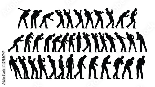 Dynamic male silhouettes in various poses isolated on white background, Vector