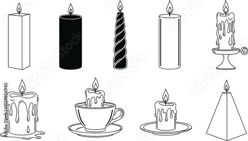 Elegant decorative candle set featuring various shapes, melted wax designs, and cozy burning flames in minimalist black and white vector illustration, perfect for home decor themes