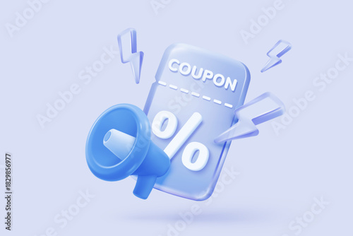 3D coupon icon with megaphone speaker for sales and shopping online, discount coupon of cash. flash lightning on time alert notice special offer promotion. 3d price tag icon vector render illustration