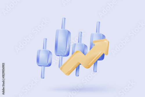 3D graph up with alert notice icon for finance statistic, sell and buy report. analyzing investment money cash and exchange with finance. 3d trading stock report icon vector render illustration