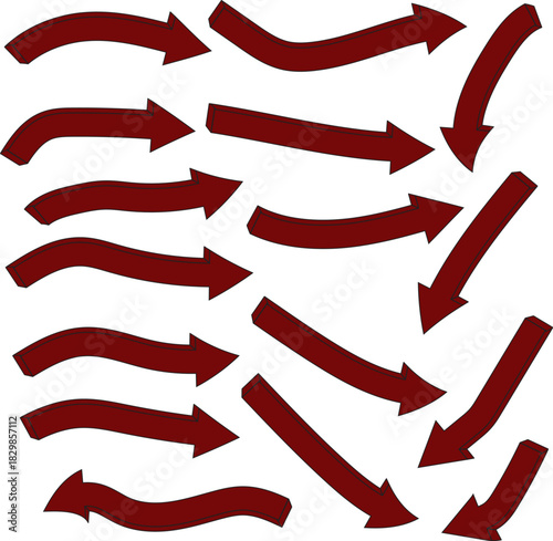 Burgundy Arrows with Various Shapes and Directions on White Background