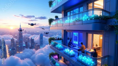 Panoramic sky-high balcony with glass railings overlooks futuristic city above the clouds, neon lights and flying vehicles, concept of advanced urban living