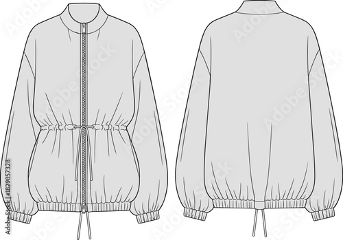 Jacket cad drawing flat vector illustration, front and back view, fashion sketch, garment design, outerwear template, black outline