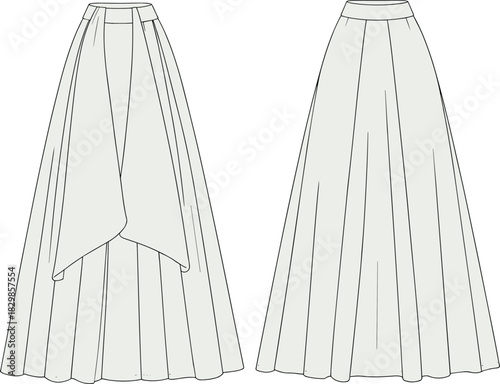 Long skirt technical fashion illustration, front and back view, high waist flared silhouette, panel seams, CAD drawing flat vector illustration