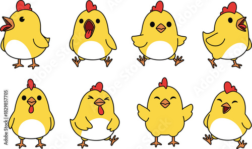 Collection of eight cute little yellow chicken or baby chick characters in various adorable poses, featuring funny expressions and happy faces, cartoon mascot vector illustration set on white.