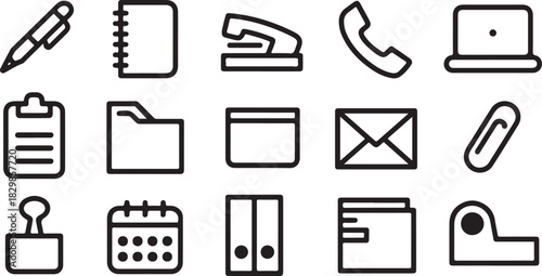 Office Supplies Icons Black and White Minimalist Design for Business and Productivity