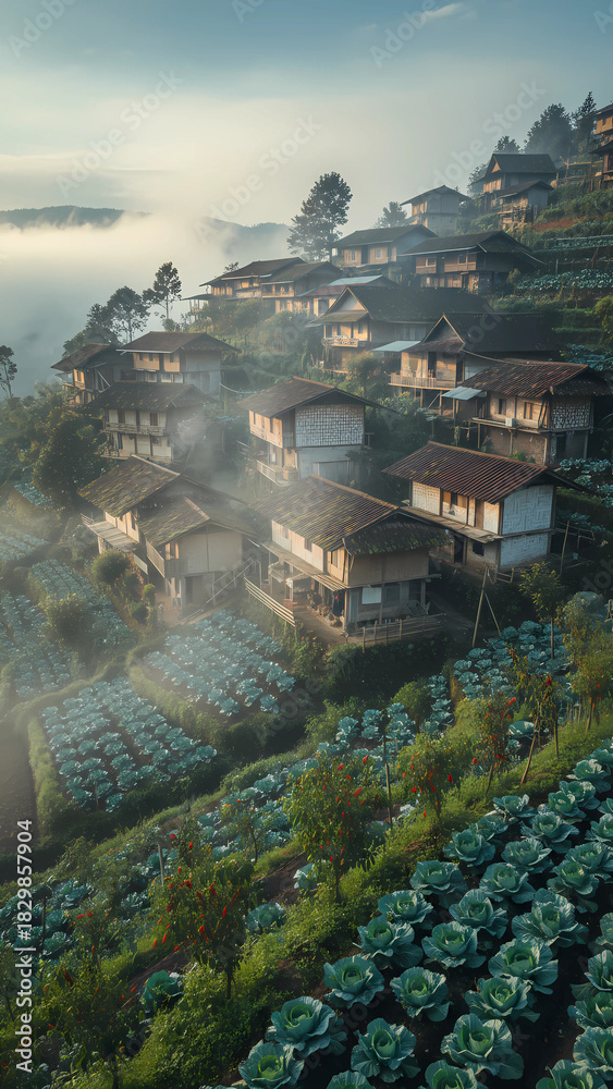 Obraz premium Beautiful mountain village with traditional wooden houses on the hillside.