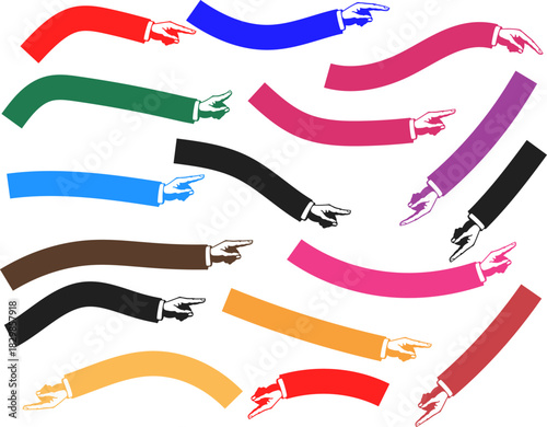 Colorful array of pointing hands and arms illustrating direction and choices