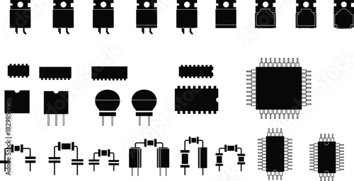Electronic Components and Integrated Circuits (IC) Vector Icon Set, Transistors, Diodes, and Surface Mount Technology (SMD) Chips, Black Silhouette Collection