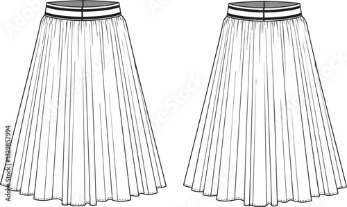Pleated skirt technical fashion flat sketch with elastic waistband, front and back view vector illustration for apparel design.