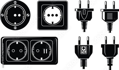 European Electric Plugs and Sockets Vector Illustration, Schuko Standard, Power Outlet Types and Connectors, Black and White Icon Set for Electrical Systems