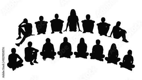 Diverse group of people silhouettes sitting isolated on white background, Vector