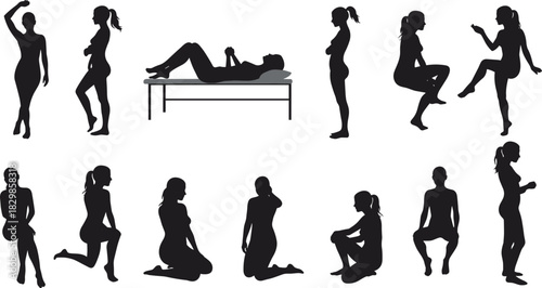 Pregnancy silhouette poses, prenatal exercise, maternity stages, labor positions, medical checkup, expecting mother, wellness, healthcare, motherhood, female body transformation