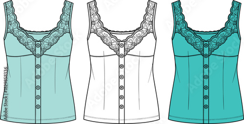 Sleeveless lace top fashion design, elegant women’s blouse variations, stylish garment sketch, cad drawing flat vector illustration