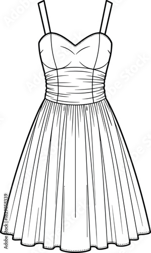 Sleeveless dress fashion sketch, sweetheart neckline design, pleated flared skirt detail, ruched waist garment illustration, cad drawing flat vector illustration